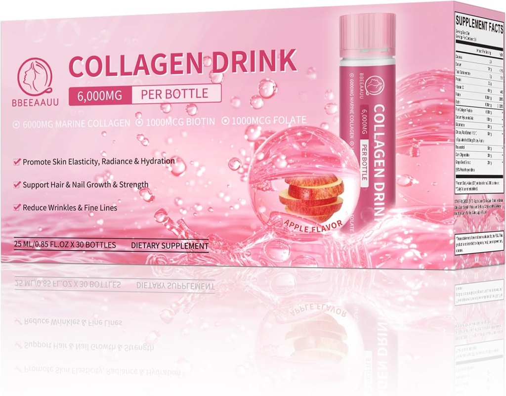 Collage Drink 6000 mg Marine Collage Peptider, flytende collagen Shots for kvinner med hyaluronsyre, vitamin C, collagen kosttilskudd støtte hud, hår & negle, 0,85 fl.Oz x30 flasker, Apple Flavor