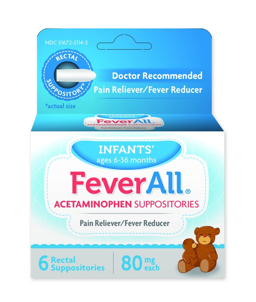 Feberall Infantert Acetaminophen Suppositories 6 Rektal Suppositories 80 mg Hver smerte Reliever / Fever Reduser. Parabenfri, Ingen kunstige farger eller andre konserveringsmidler. Alder 6-36 måneder