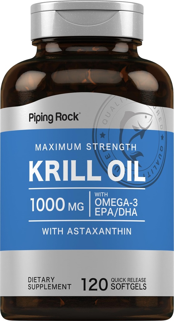 Piping Rock Krill Olje Omega 3 Softgel Kapsler | 1000mg | 120 greve EPA DHA Supplement med Astaxanthin | Maksimum styrke | Ikke-GMO, Glutenfri