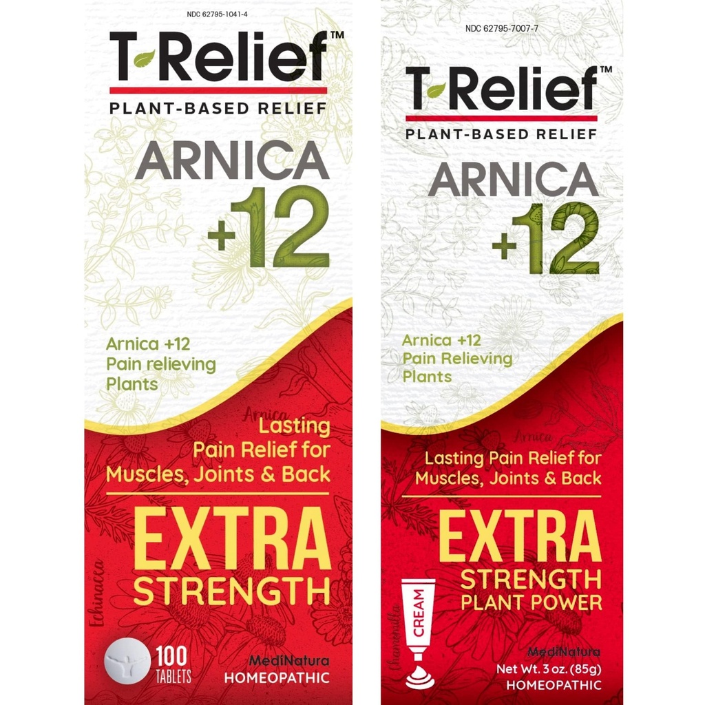 MediNatura T-Relief ekstra styrke smerte relief Arnica +12 Plantebaserte smertestillende 100ct tabletter T-Relief ekstra styrke smerte relief 3oz krem