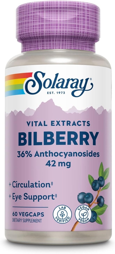 SOLARAY Bilbær Berry Extract 42 mg, Øyehelse og sirkulasjonsstøtte, med 36% Anthocyanosider, Vegan, 60 Vegkaps