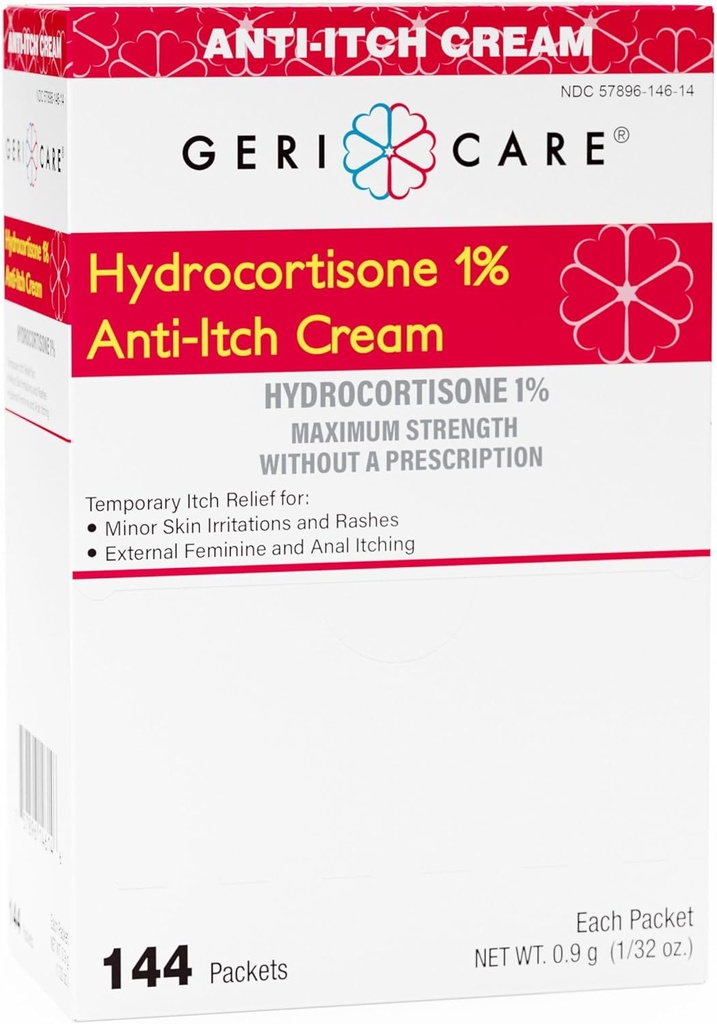 Gericare Hydrokortison 1% Anti-Tykk krem, maksimal styrke, 144 Count Pack, 0,5oz hver pakke (pakke på 1)