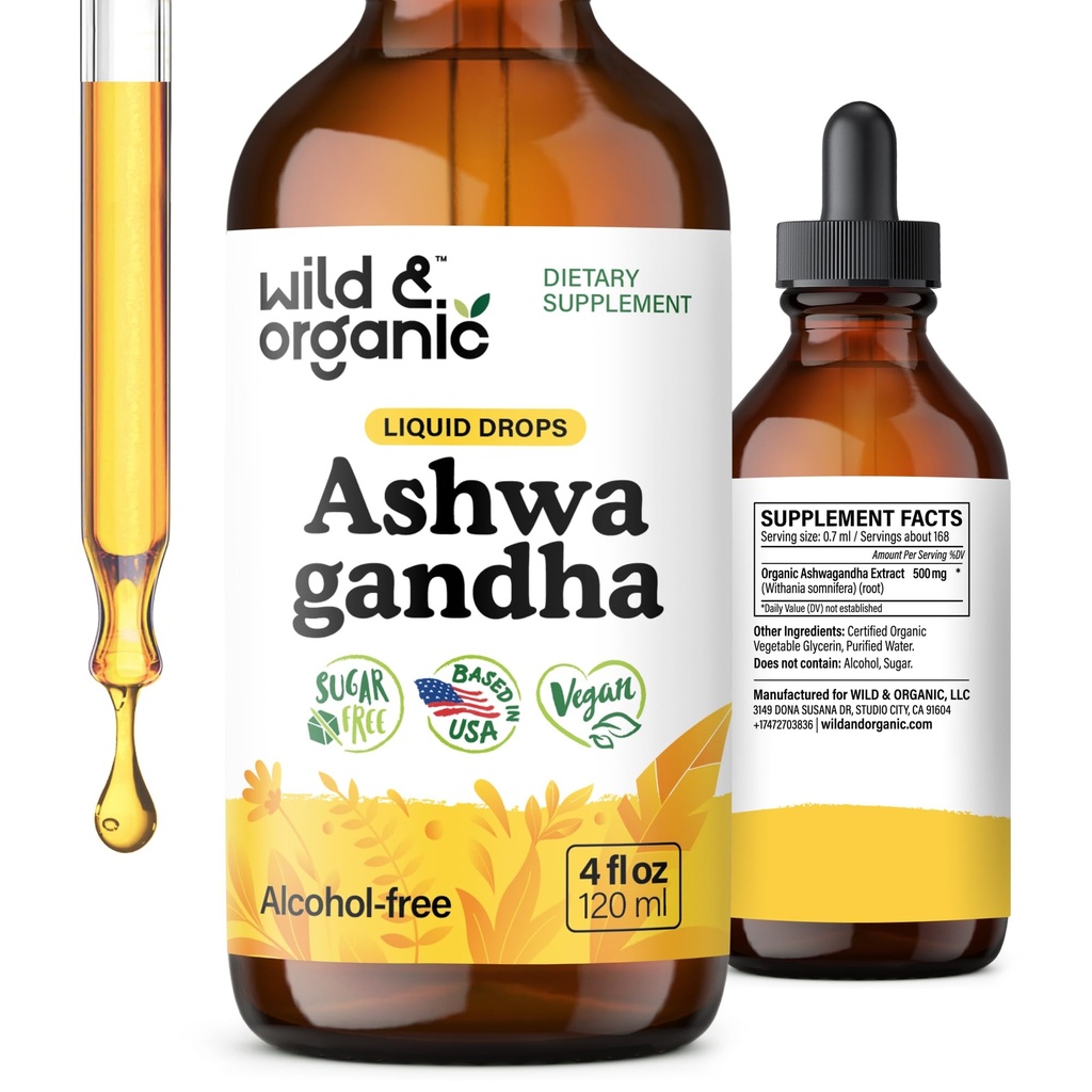 Wild & Organic Ashwagandha Drops - Mood Support Supplement m/Ashwagandha Root Extract - flytende dråper for rolig sinn - Avslappende kosttilskudd - Sukker & alkohol-fri - 4 fl oz