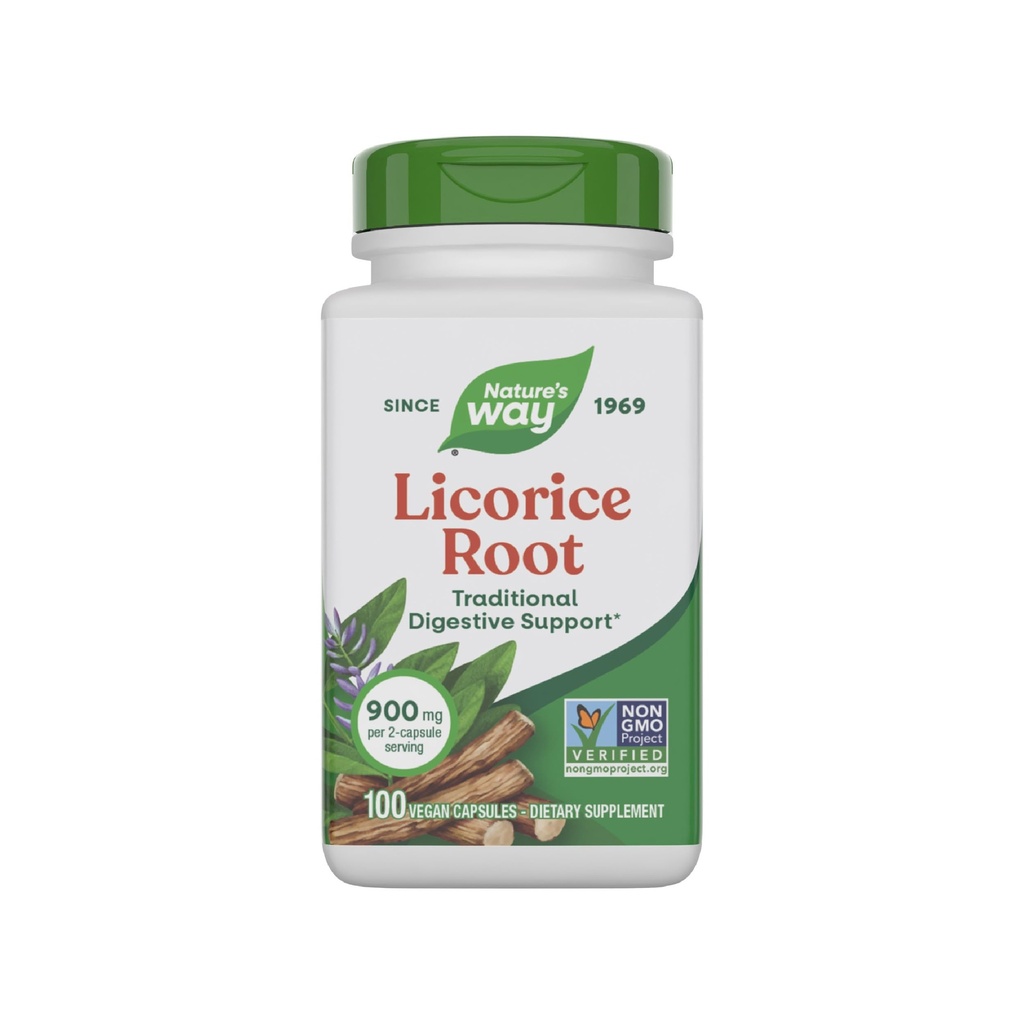 Naturens måte lakrisrot, Tradisjonell digestiv støtte Supplement*, 900 mg per 2-kapsule servering, ikke-GMO-prosjekt verifisert, 100 vegansk kapsler (Packaging May Vary)