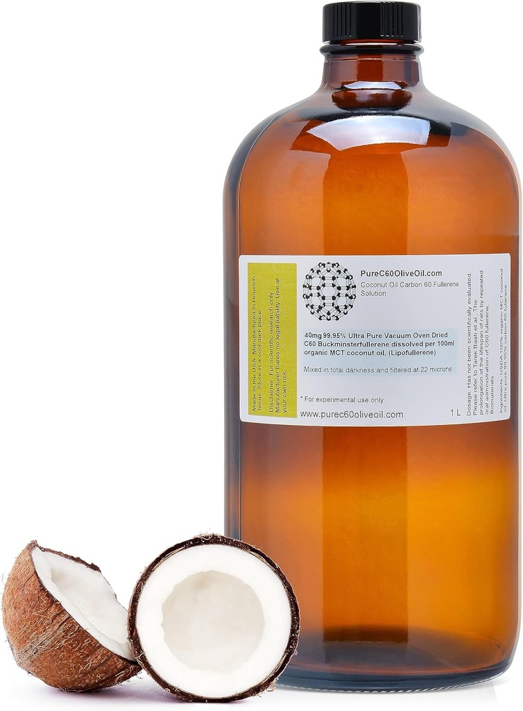 PureC60OliveOil C60 Organisk MCT kokosolje 1L / 33,8 Fl Oz - 99,95% Carbon 60 løsningsmiddel gratis 400 mg - Amber Glassflaske - Carbon 60 Kokosolje - fra den ledende globale produsenten
