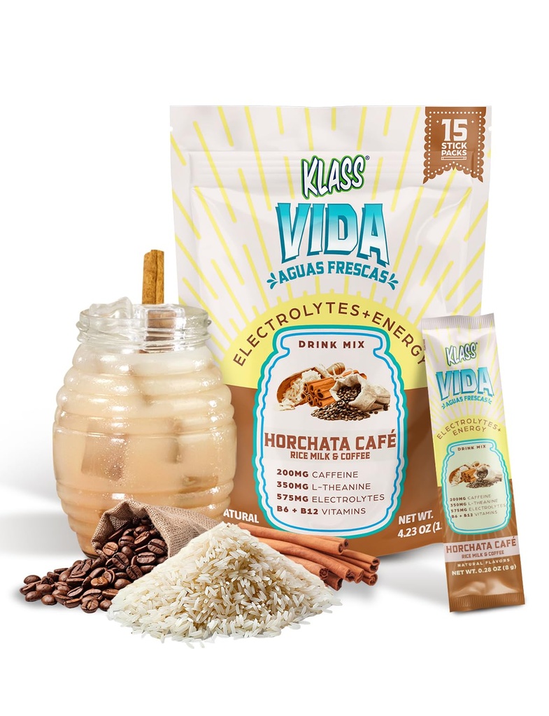Hydration + Energi Electrolyte Drink Mix - Kaffe Horchata Agua Fresca Flavor | Sukkerfri pulver med koffein, L-Theanine, kokosvann og mineraler | 15 enkeltserve Stick Packs
