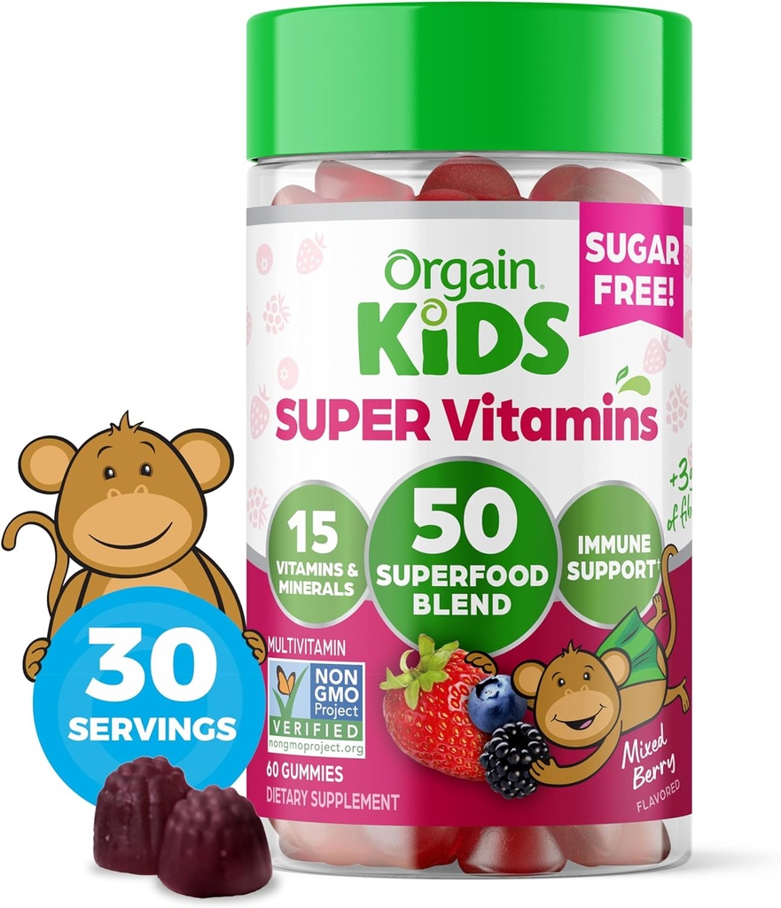 Orgain Kids Sukkerfri Multivitamin Gummier, Vegansk & Plant Basert, 50 Superfoods, 15 Vitaminer og Mineraler, Immunstøtte og 3g av Fiber, Blandet Berry, Ages 4+, 1 måned Supply (60 Gummies)