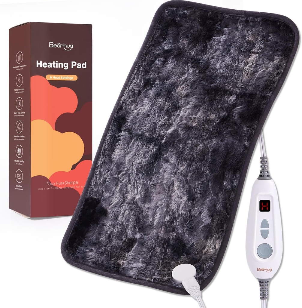 Bearhug Elektrisk oppvarming Pad 12'''x24'' Dobbel-Sided Faux Fur Heated Pad, 6 varmenivå, 2H Auto-Off, Moist og tørr varmeterapi for rygg smertelindring, maskinvaskbar, ETL-sertifisert - Gaveboks