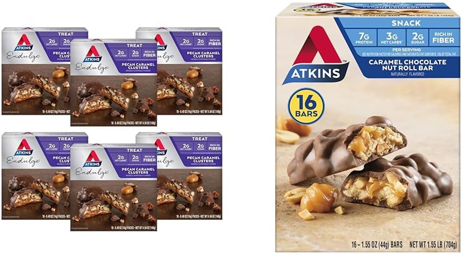 Atkins Pecan Caramel Clusters 60 greve, Caramel sjokolade Nut Roll Snack Bar 16 greve