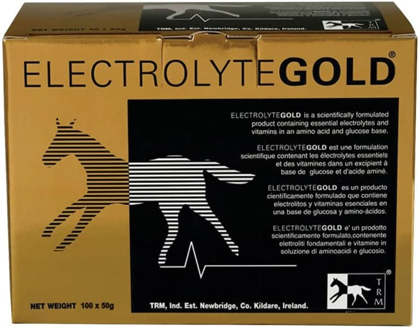 TRM Electrolyte Gold Performance Horse Feed Supplement for Electrolyte Replenishment | Bekjemper tretthet | Inneholder vitaminer C & E - 100 Qty x 1,76 oz (100 Qty x 50g) - 100 Qty x 1,76 oz