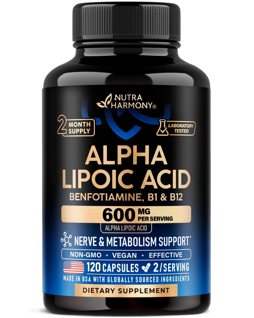 Alfa Lipoic Acid 600mg - ALA Supplement Antioksidant for nerve, energi og metabolisme Support - Ekstra styrke med benfotiamin, B1 & B12 - Lab testet, ikke-GMO & Vegan - 120 kapsler, 2 måneders forsyning
