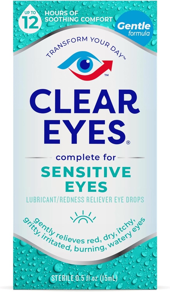 Klare øyne sensitive øyne øyedråper – mild relief for rød, kløe, tørre øyne, 12 timer av beroligende komfort, 0,5 fl Oz