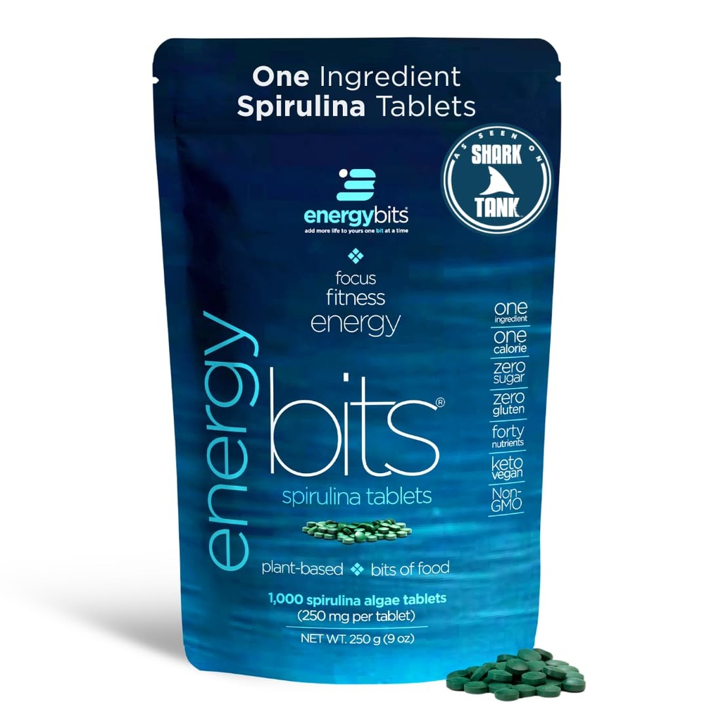 ENERGYBITS - Organic Spirulina Tabletter - Plantebasert Algae Superfood - for Focus, Fitness, Energi - Planteprotein - Glutenfri - Collage, Vitamin B12, Omega 3 - Keto & Vegan - 1000 Algae Tabletter