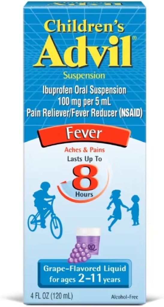 Barns Advil Suspensjon Ibuprofen 100 mg raske smertestillende og feber reduserende varer opp til 8 timer Grape Flavor flytende i alder 2 til 11 år - 3 pakke med 4 FL Oz flasker