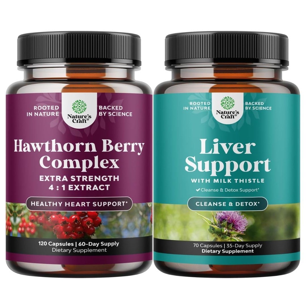Natures Craft Bundle av ekstra styrke Hawthorn Berry Capsules - hjerte helse Supplement og Liver Cleanse Detox & Repair Formula - Herbal Liver Support Supplement