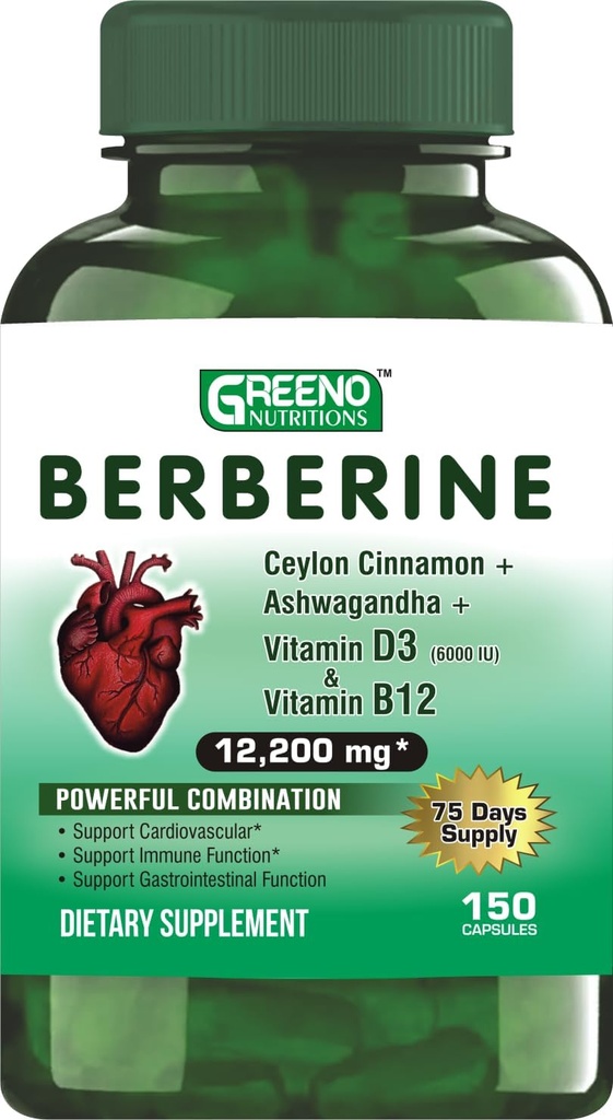 Berberine 12200mg med ceylon kanel Ashwagandha vitamin D13 + vitamin B12 immun hjerte støtte - 75 dagers forsyning - 150 greve (pakke med 1)