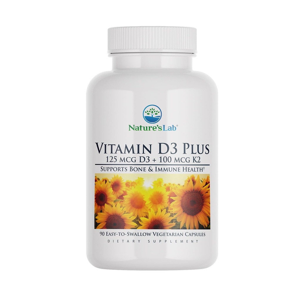 Naturens Lab vitamin D3 Plus - Inneholder vitaminer D3 og K2 (MK7) for immunstøtte, sunne ben og kardiovaskulær helse* - Glutenfri, ikke GMO - 90 kapsler (3 måneders forsyning)