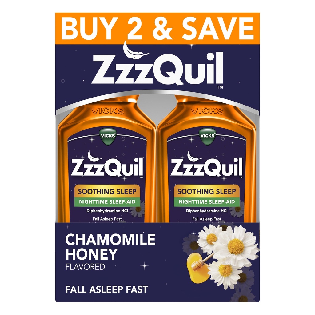 ZzzQuil flytende søvnhjelp, beroligende søvn, Diphenhydramin 50mg HCl, Kamille honning flavored, natt søvnhjelp væske, søvnhjelp for voksne, 2 pakke, 24 FL OZ