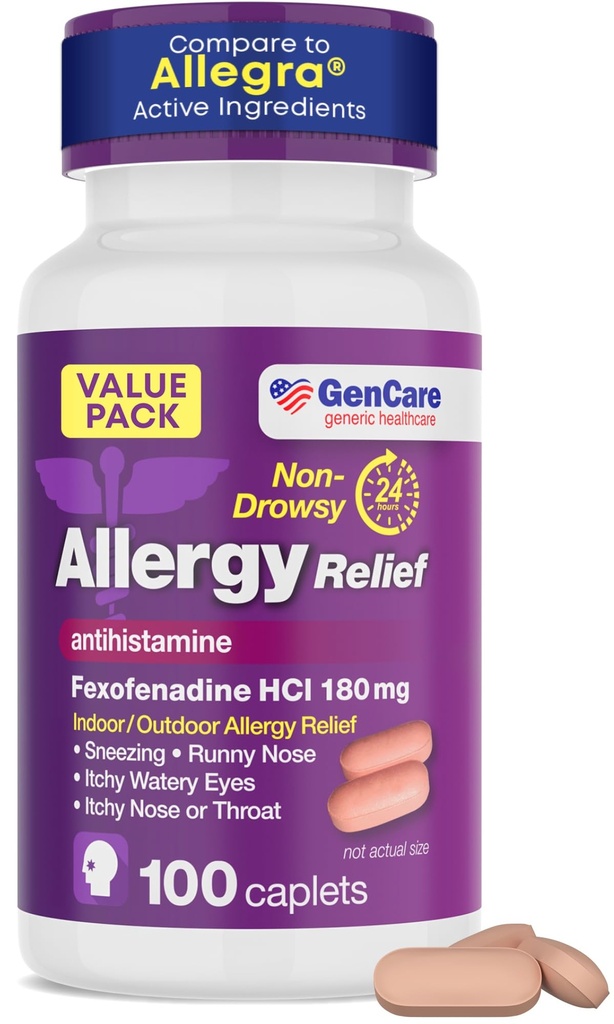 GenCare Allergi relief piller - Fexofenadin 180mg 24-timers ikke-Drowsy Allergi medisin Antihistamine, sammenlikn med Allegra 24-timers ikke-drowsy piller for kløende øyne, Runny Nese, Hives (100 teller)
