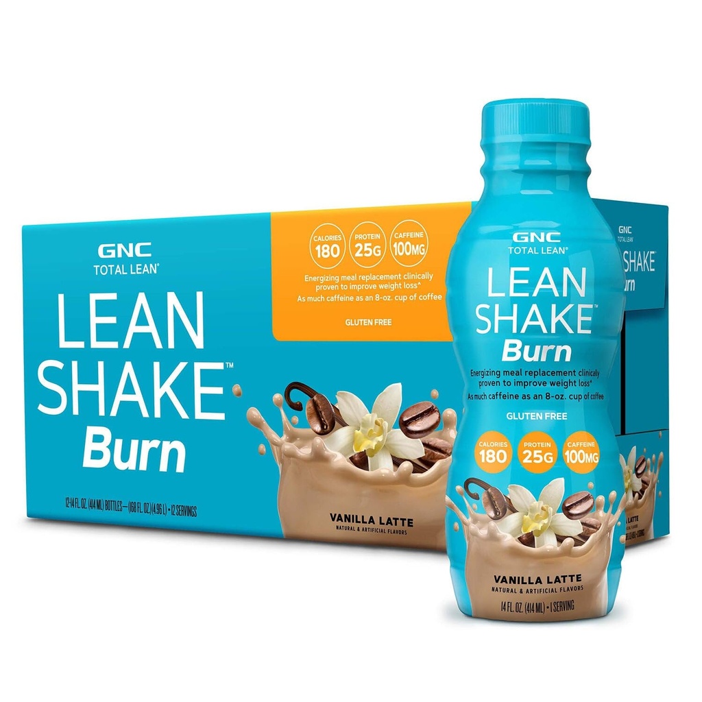 GNC Lean Shake Burn med koffein, klinisk bevist vektkontroll, Klar til å drikke måltid erstatning, 25g protein med null tilsatt sukker, Vanilla latte, pakke med 12