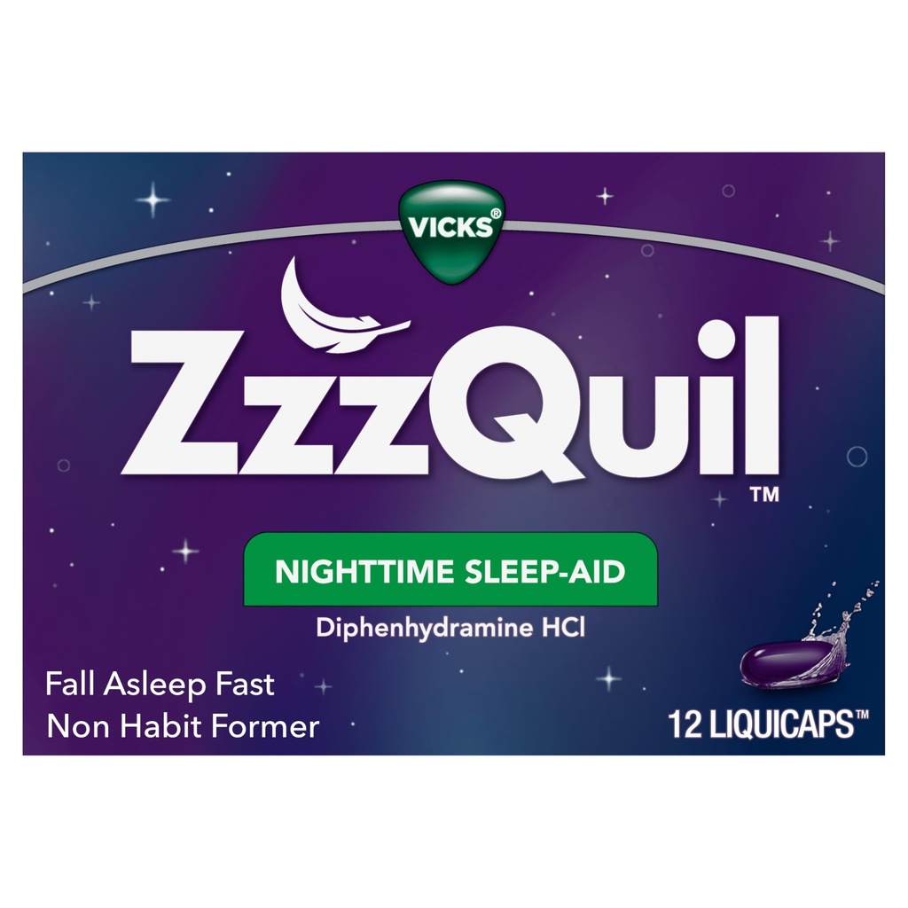 ZzzQuil, Natt søvnhjelp LiquiCaps, 25 mg Diphenhydramine HCl, No.1 Sleep-Aid merkevare, ikke-habit forming, fall søvn raskt, 12 teller