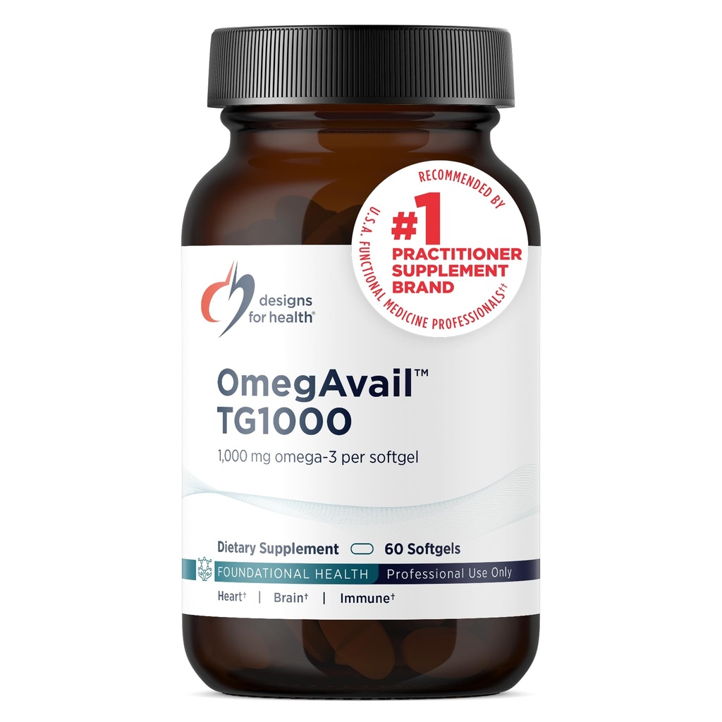 Designer for helse OmegAvail TG1000 - TG (Triglycerid) Fiskeolje Supplement med EPA/DHA - høy konsentrert 1000mg Omega-3 Per Softgel - Naturlig sitronflavor + Ingen fiskelig ettersmak (60 Softgels)