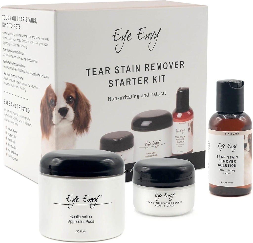 Øye Envy Dog Tear Stain Remover Starter Kit. 100% naturlig, trygt. Inneholder: Stain løsning, Applikator Pads og Stain pulver. Tear Stain behandling Kit. Varer 30-45 dager. Laget i USA