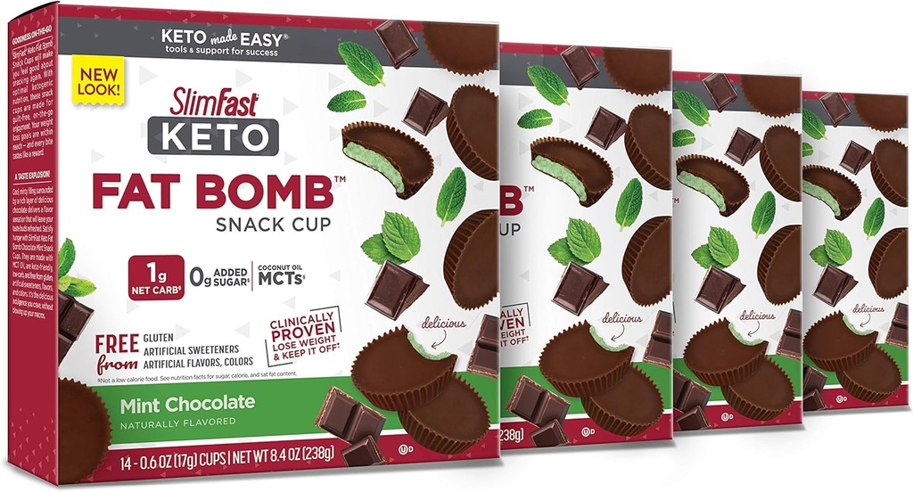 SlimFast Keto Fat Bomb Snack Cup, Mint sjokolade, Keto Snacks for vekttap, Lav karbohydrat med 0g tilsatt sukker, 14 Count Box (Pack of 4)