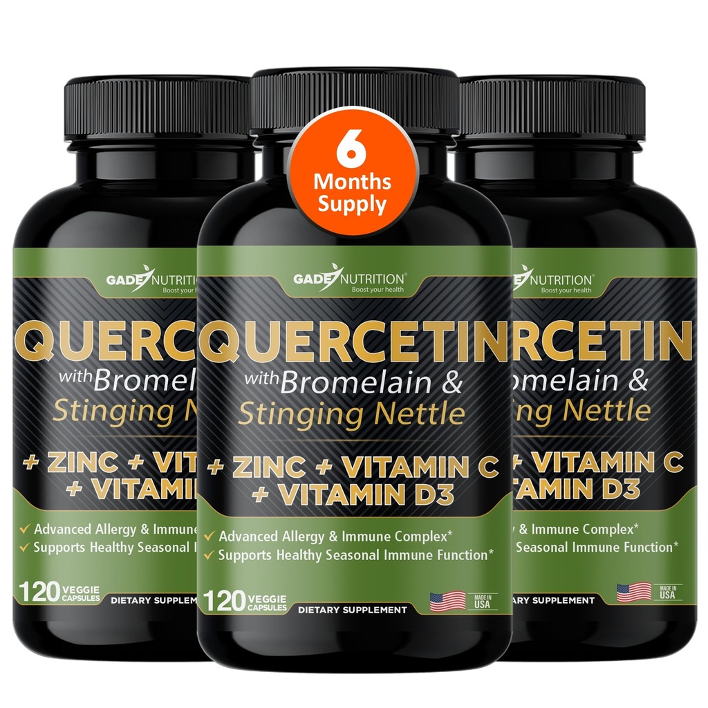 Gade Nutrition Quercetin med C-vitamin, sink og stinging Nettle - Nettle Quercetin - Quercetin 500mg - Quercetin med Bromelain - Zinc Quercetin + Vitamin D3-360 Veggie Caps - 6 måneders forsyning