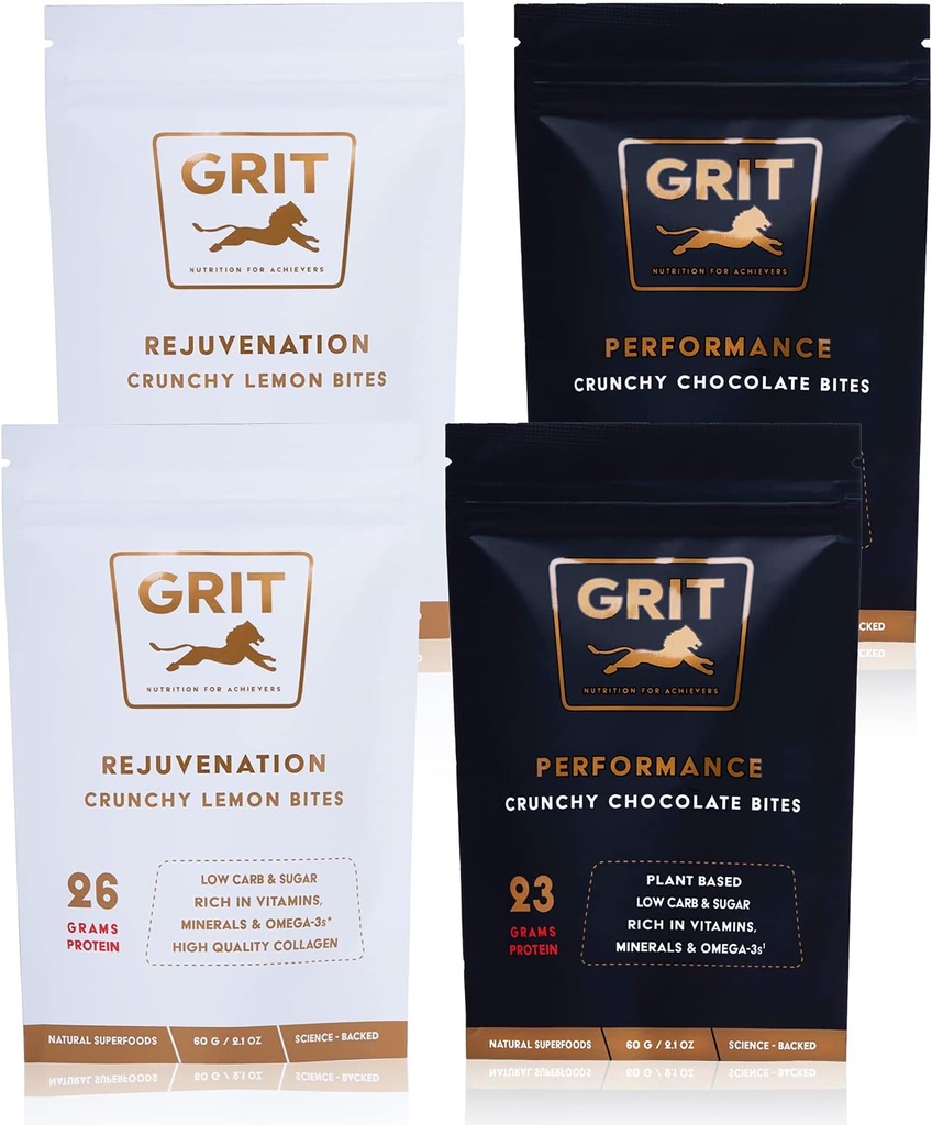 Ernæring Bites Sampler Pack | 23-26g Protein | Høy energi pre-arbeid og felles støtte kosttilskudd | Muskel-bygging og utholdenhet | Glutenfri, keto, ingen soya | GRIT supermat (60g, 4 pakke)