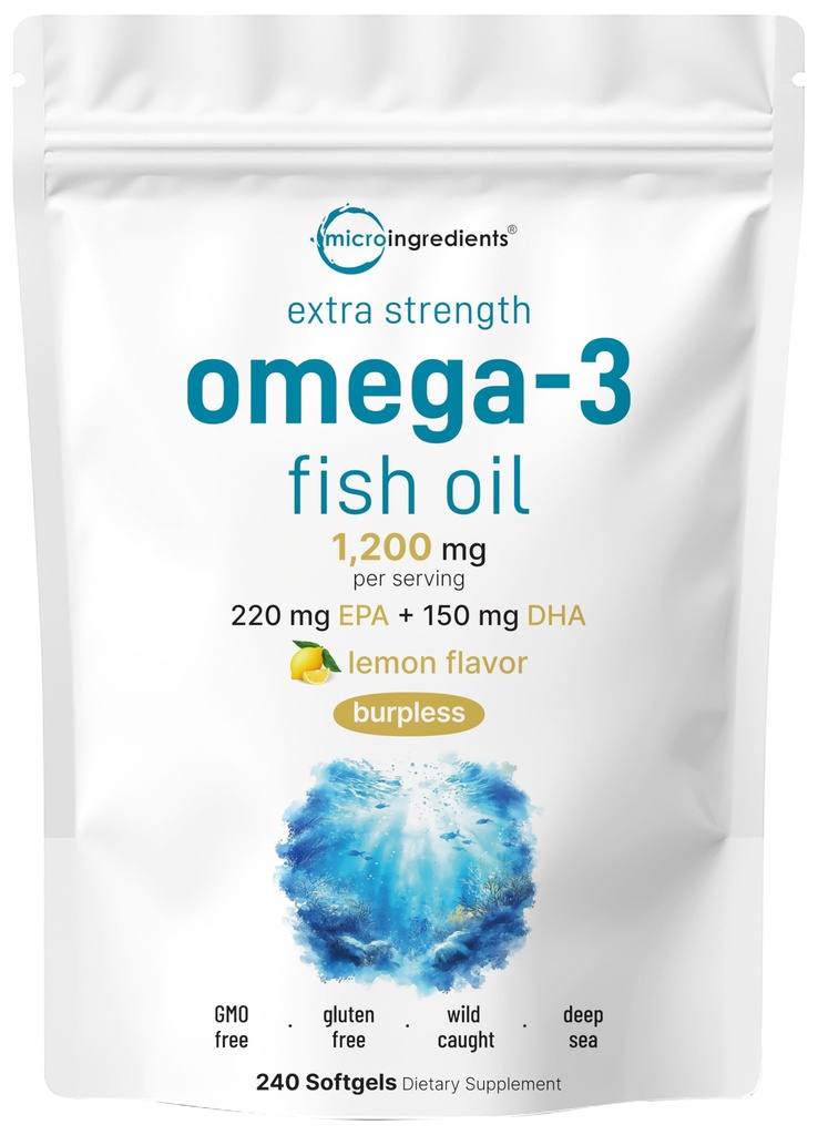 Mikro ingredienser Ekstra styrke Omega 3 Fiskeolje Supplement 1.200mg Per servering, 240 Softgels | Lemon Flavored | Burpless | Essentielle fettsyrer | EPA 220mg + DHA 150mg | Deep Sea Fish