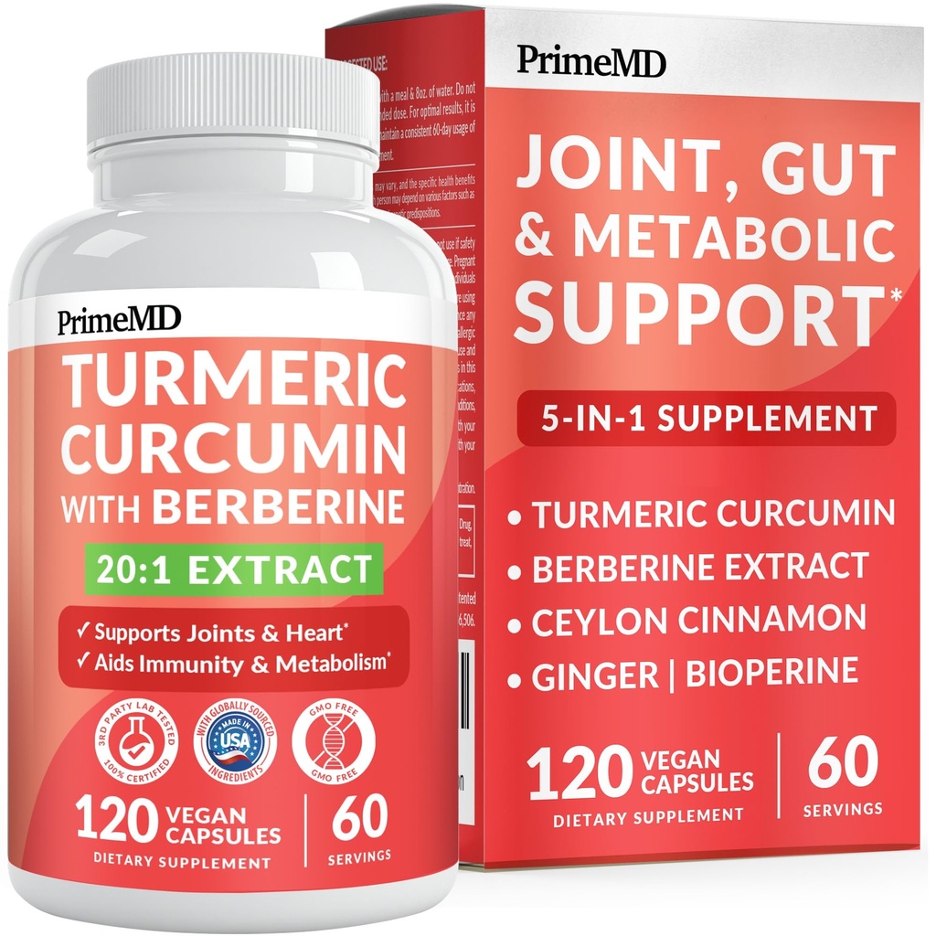 5-i-1 organisk gurkemeie curcumin Supplement (4210mg) med berberin, ceylon cinnamon Bioperin og ginger kosttilskudd for felles, hjerte, gut, & metabolsk støtte (120 ct)
