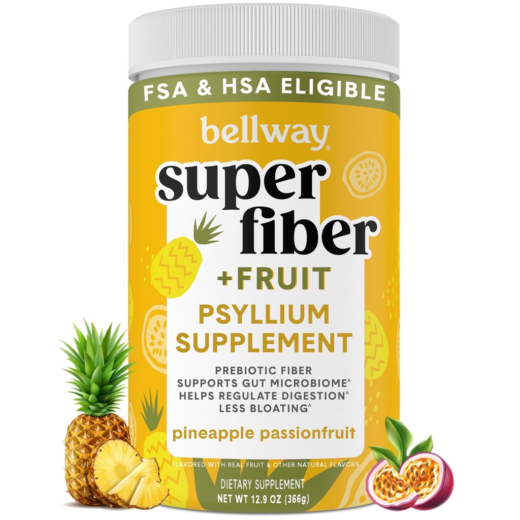 Bellway Super Fiber Powder + Frukt, Sukkerfri organisk Psyllium Husk pulver Fiber Supplement for regelmessighet, Bloating Relief & Digestive Helse, Plantebasert, Pineapple Passion Frukt (50 Serveringer)