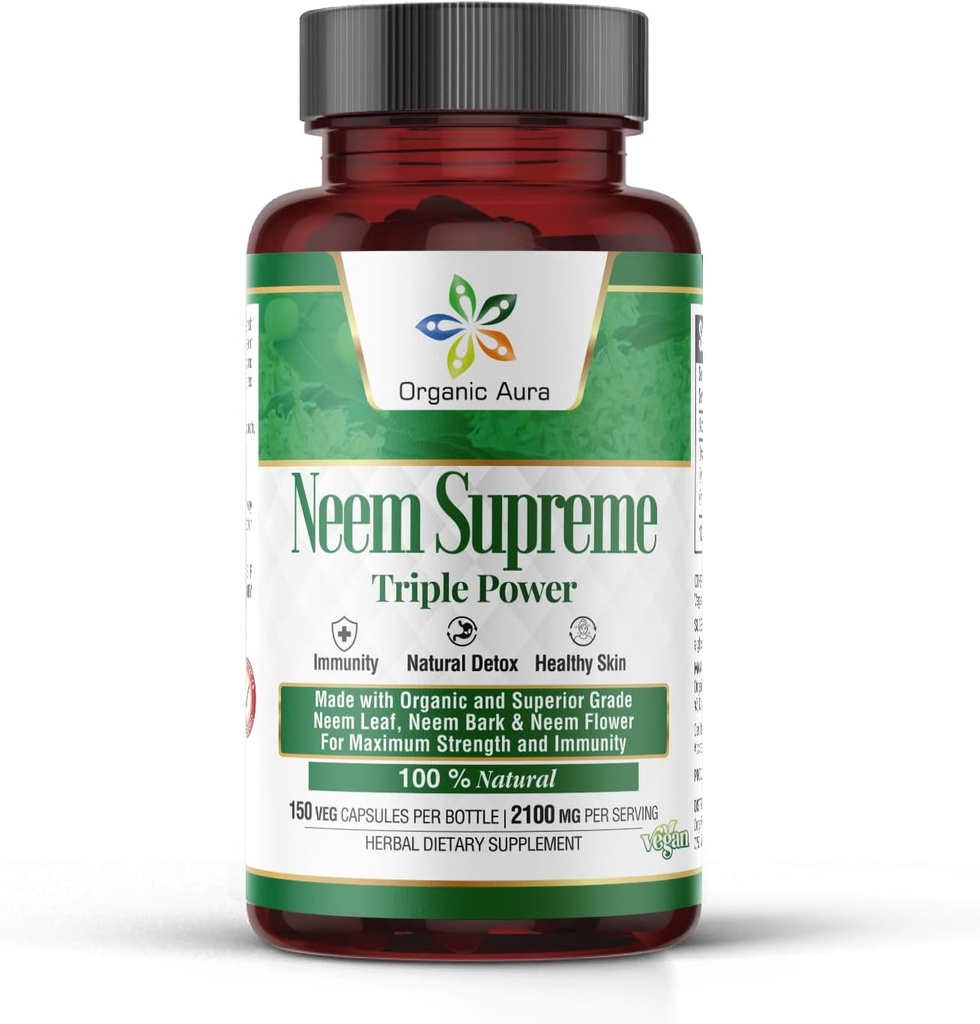 Økologisk Aura Neem Supreme Capsules. 150 Veg Kapsler. Triple Complex - Max styrke ren høy potens Azadirachta Indica Capsule. Naturlig antioksidant, Hud helse, rikelig immunitet støtte.