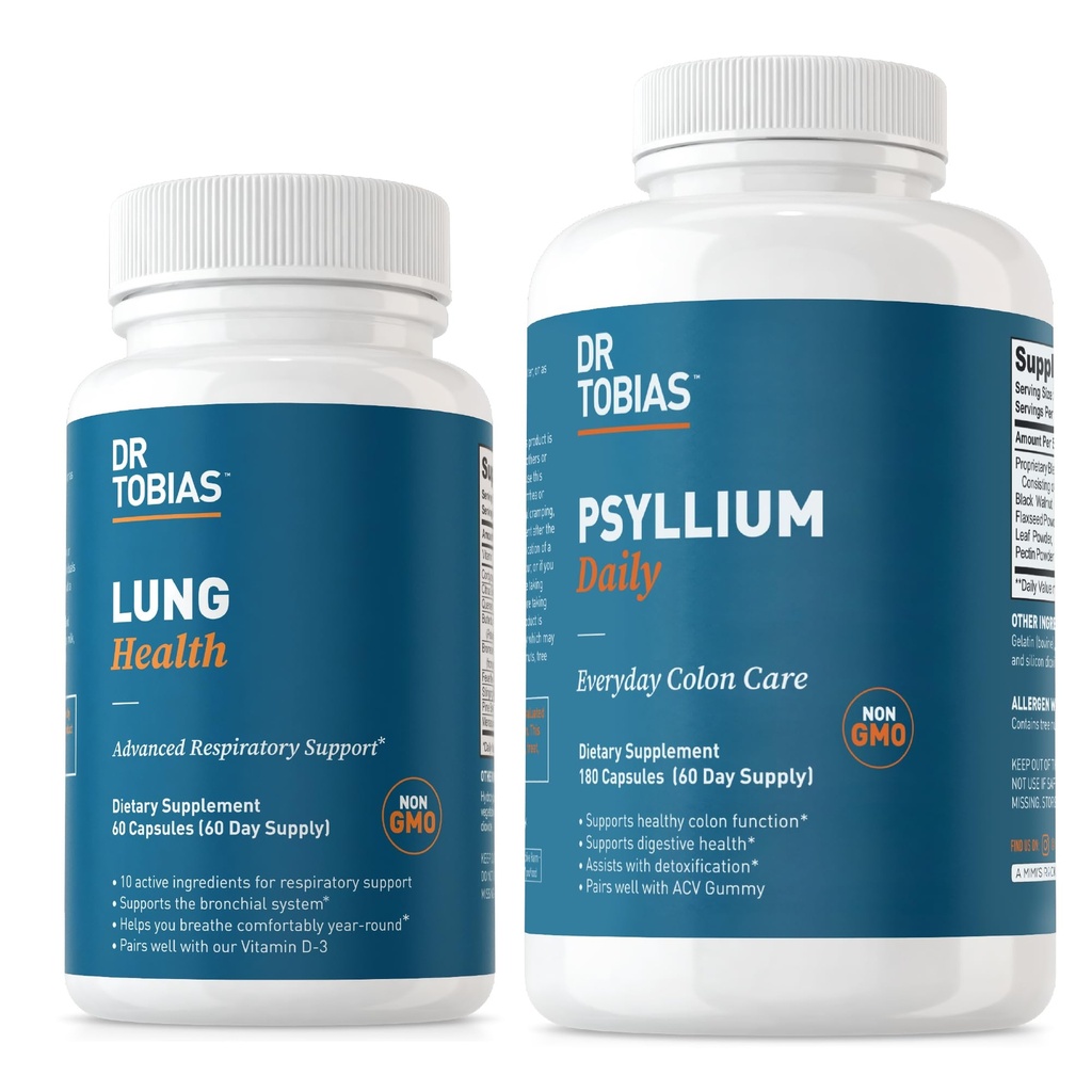 Dr. Tobias Lung Helse & Psyllium Daglige kosttilskudd, Lung Cleanse & Detox Formula, støtter sunne Bowell bevegelser med Psyllium Husk, vitamin C, Butterbur, Quercetin, Daily Fiber og Lung Supplement