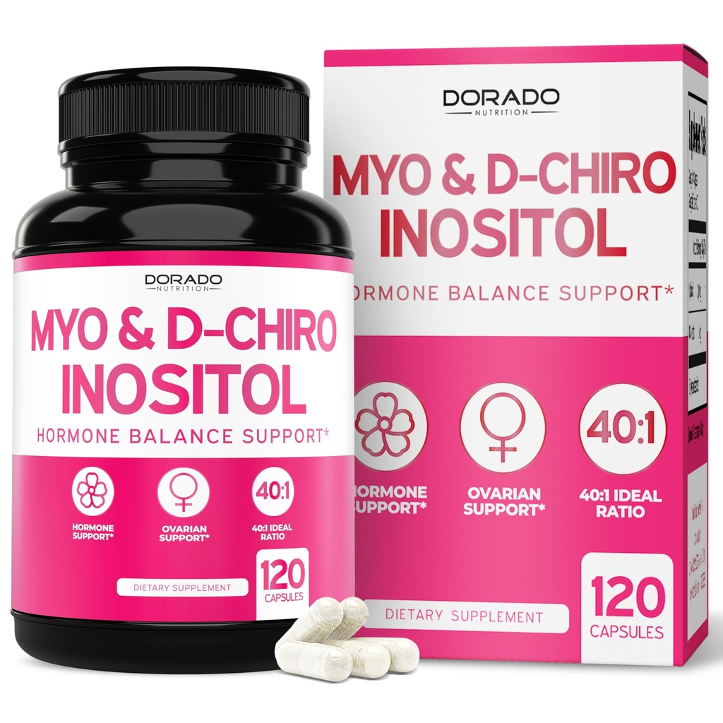 Myo-Inositol & D-Chiro Inositol Supplement for kvinner (120 kapsler, 2050mg per servering ideell 40:1 Ratio Myo Inositol) Hormon Balanse for kvinner - tredjepart testet, vegansk trygt og USA laget - 120 count