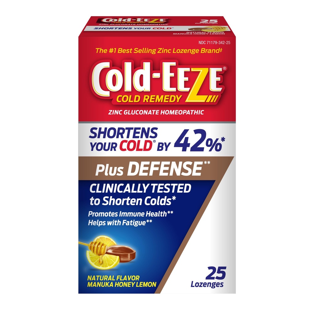 Cold-Eeze Plus Defense Natural Manuka Honning Lemon Zinc Lozenges, Homeopatical Cold Remedy, Shortens Vanlige kalde symptomer, fremmer immunhelse, Sambucus Nigra, Echinacea og Rose HIPS, 25 Ct.