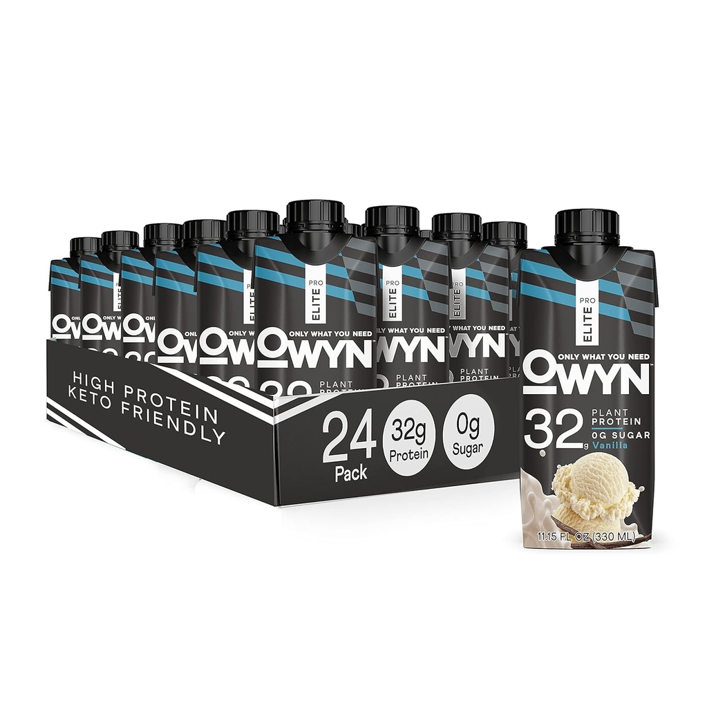 OWYN Pro Elite Vegansk Plantebasert høyproteinshake, Vanilla, 24-Pack, 32g Planteprotein, Prebiotika, Superfoods Grønn for trening og gjenoppretting, 0g Netto karbohydrater, Zero Sukker, Keto (24 Pack)