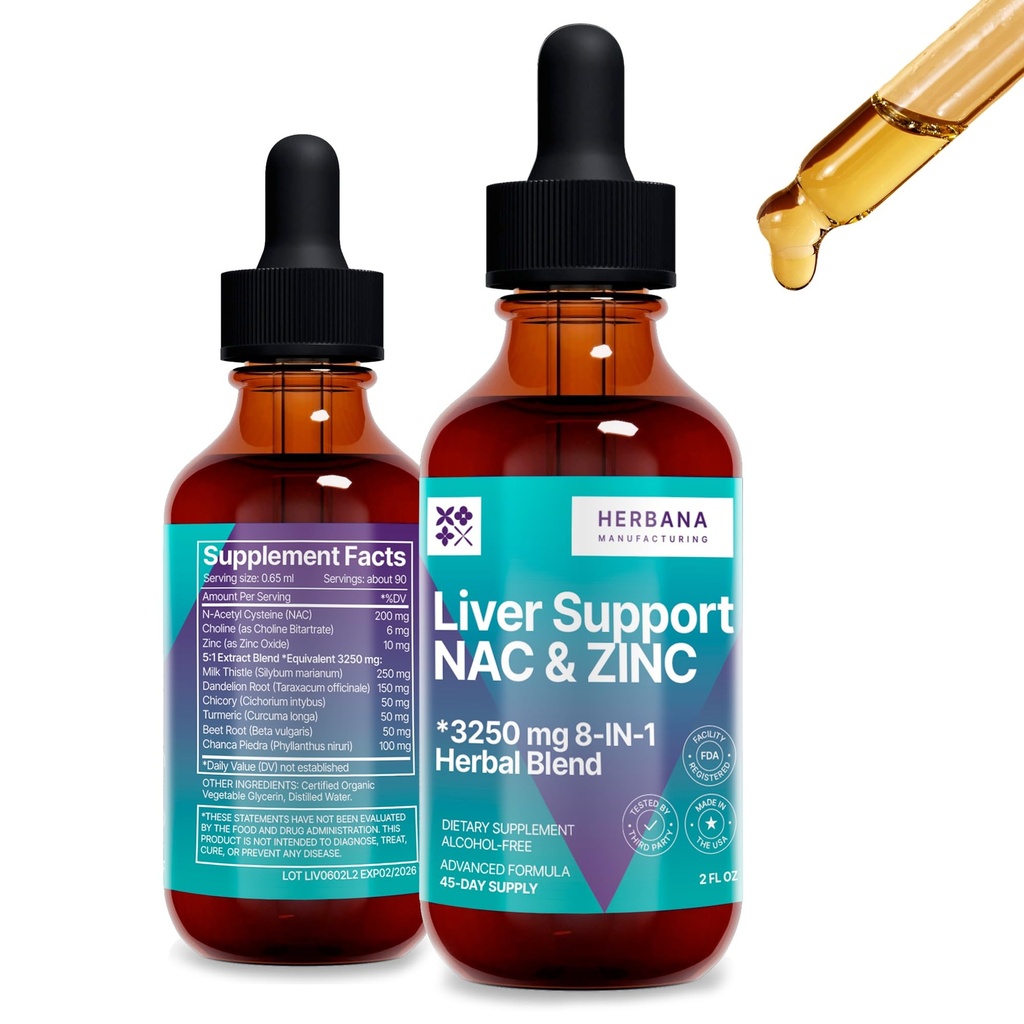 Liver Support & NAC, Sink - 2 fl oz flytende dråper med Melk Thistle, Dandelion Root, Chicory, Turmeric, Beet Root, Chanca Piedra - Liver Cleanse & Detox Supplement