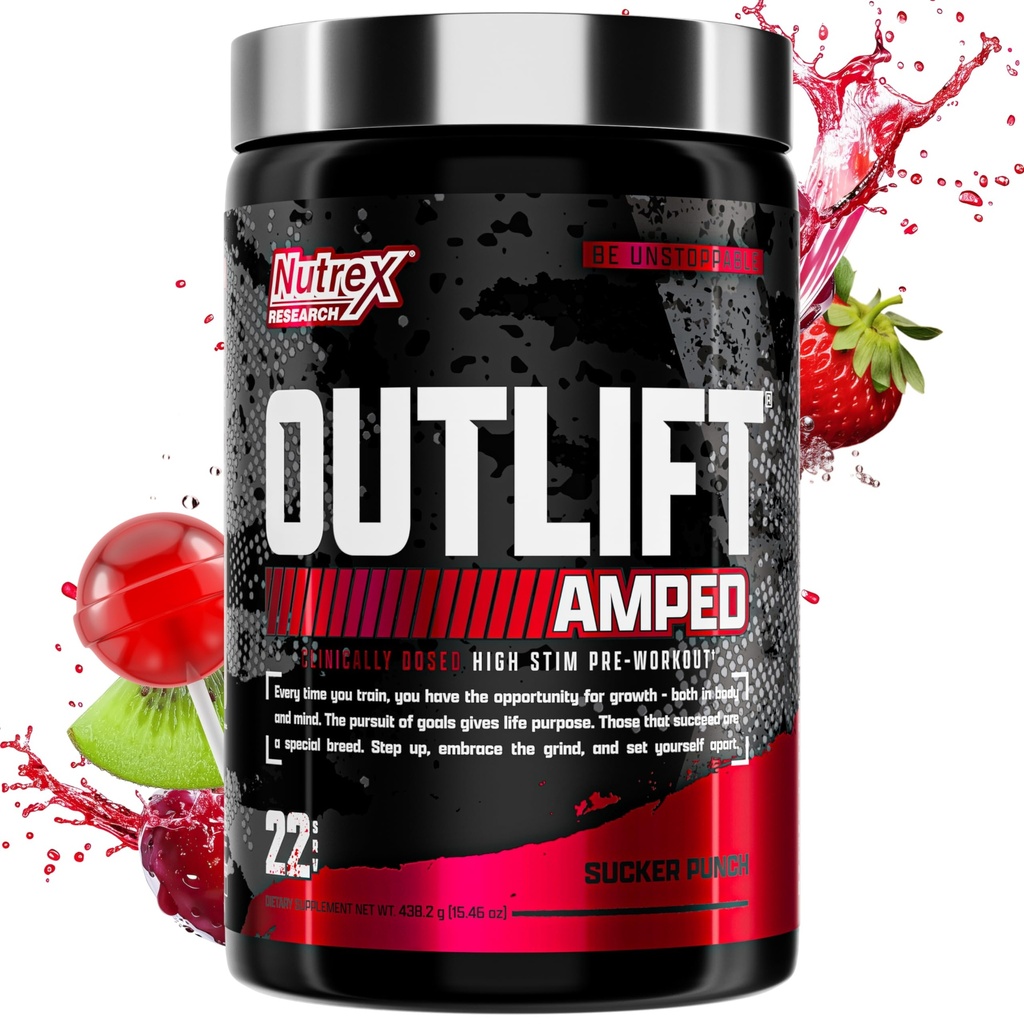 UTLIFT Amped Max dosert høy STIM pre trening pulver, 6G Citrulline, 3,2G Beta Alanine, Alpha GPC, CognatiQ, Ekstrem energi, Massive pumper, styrke, elektrolyter, Nootropics, fruktpunch, 22 serveringer