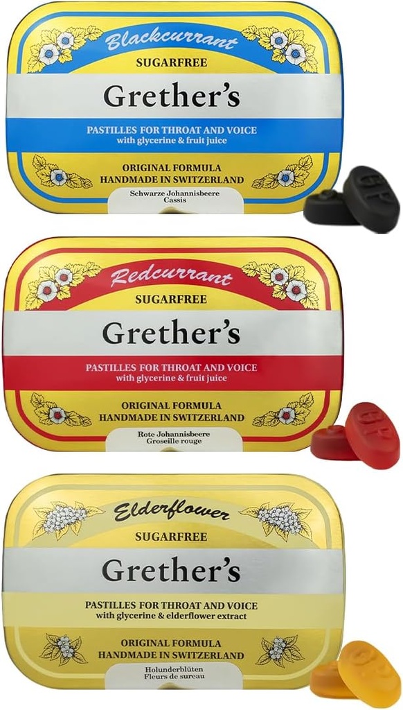 GREDERS Sugarfree Pastilles Blackcurrant, Elderflower & Redcurrant - Gave til sangere - Naturlig Remedy for tørr munn relief - 2.1 oz (pakke av 3)
