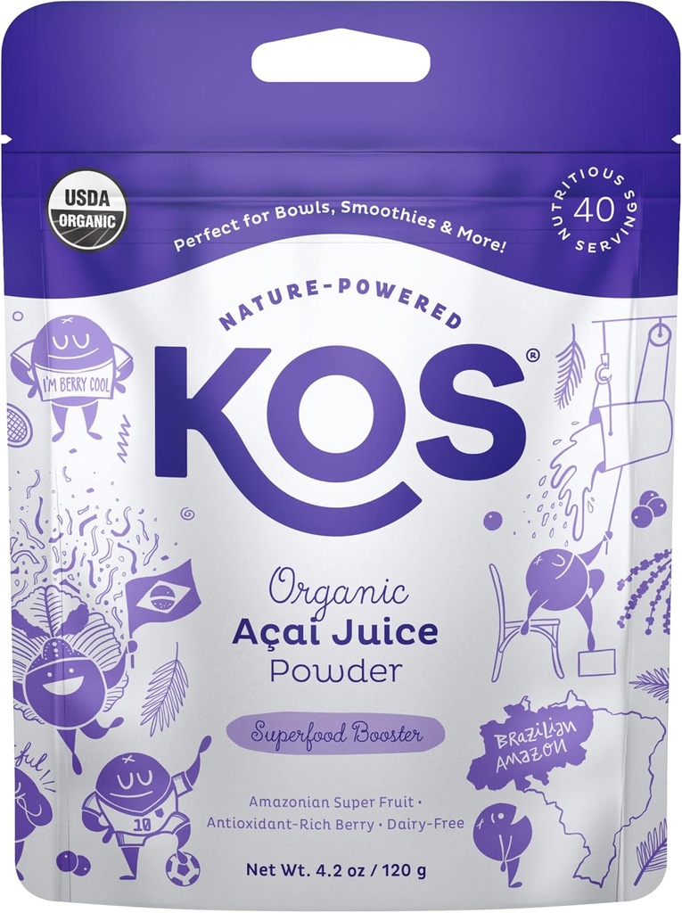 KOS USDA Organic Acai Powder, Unsweeted Superfood - Naturlig antioksidant, Acai Berry for smoothies og boller - Polyfenol Abundant, Glutenfri, Ikke-GMO, Klimavennlig forseglbar pose, 40 Services