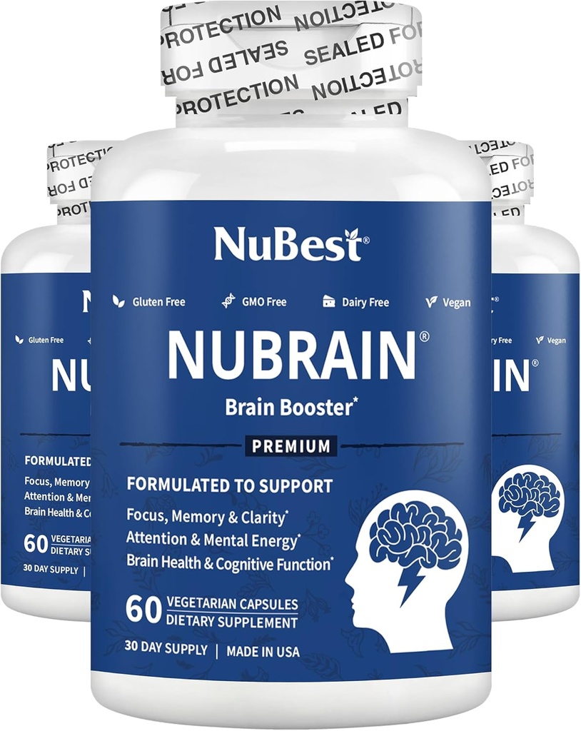 NuBrain - Advanced Brain Booster - Forbedre minne, fokus og klarhet med vitamin B6, Ginkgo Biloba, Bacopa Monnieri og mer - Brain Supplement for menn og kvinner - 3 Pakke