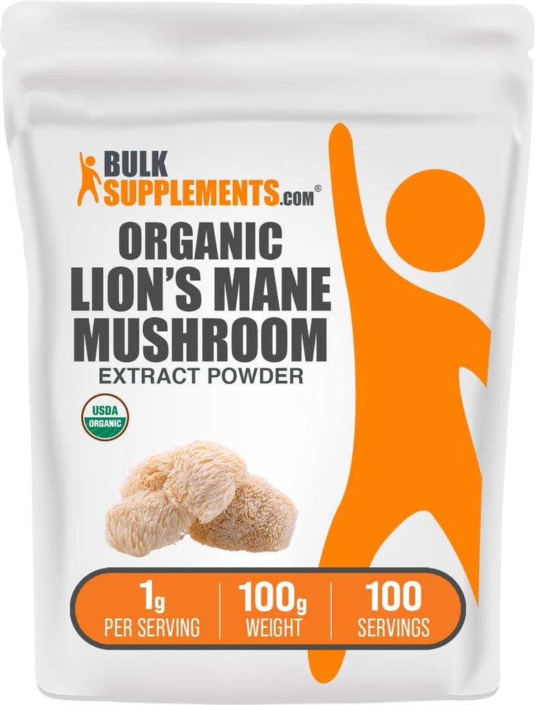 BulkSupplements.com Organic Lion's Mane Mushroom Extract Powder - Lions Mane Supplement pulver, Supermat for velbeting - Vegansk, 1g per servering, 100g (3,5 oz) (Pack of 1)