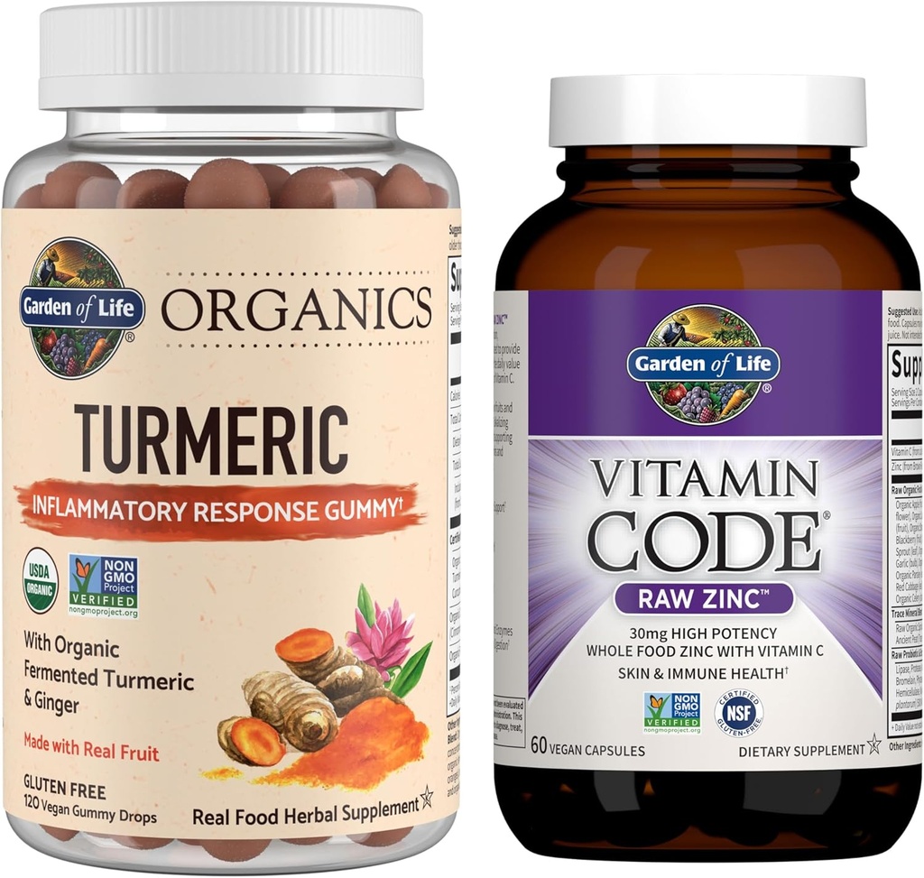 Hage of Life Organics Turmeric Inflammatory respons Gummy, 120ct og vitamin kode høy potens rå sink, 60ct