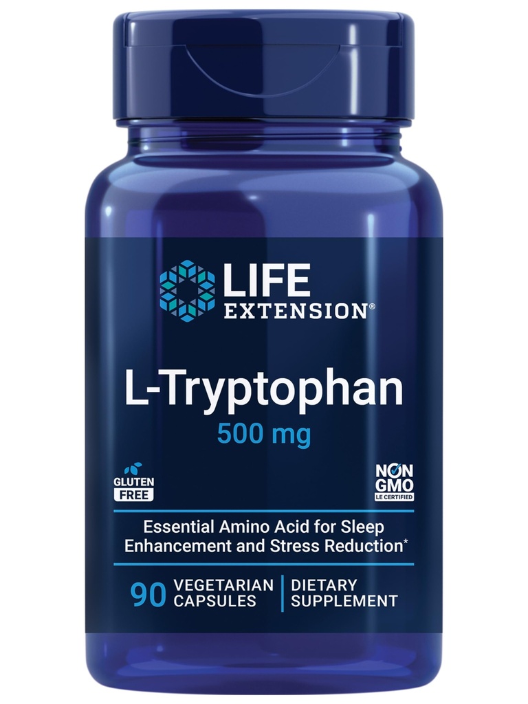 Livsforlengelse L-tryptophan, 500 mg, oppmuntrer sunn serotoninnivå og fremmer sunn søvn, humør, stressrespons og tilfredshet, glutenfri, ikke-GMO, vegetarisk, 90 kapsler