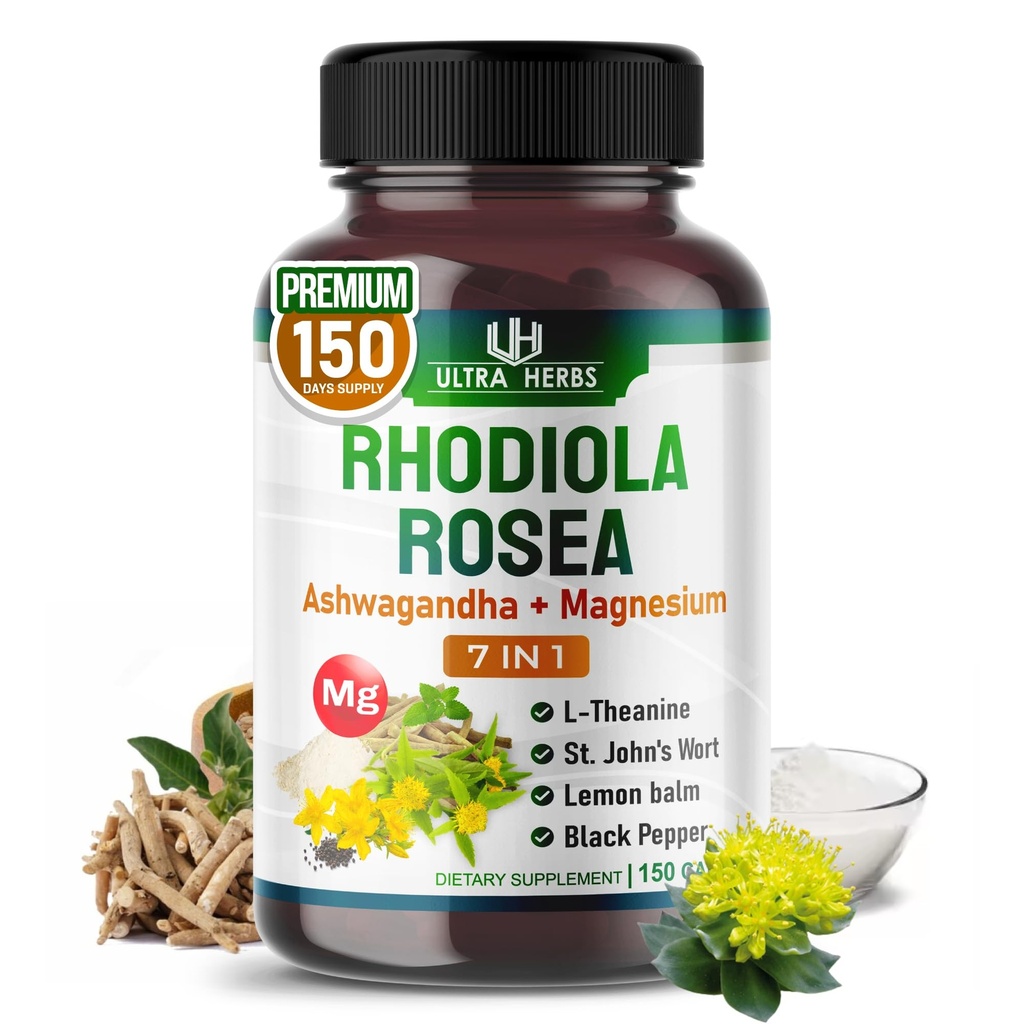 Rhodiola Rosea Supplement Beriket med Ashwagandha, Magnesium, L-Theanine, St. John's Wort, Lemon Balm - Støtte Mood, Søvnkvalitet og Mental Focus