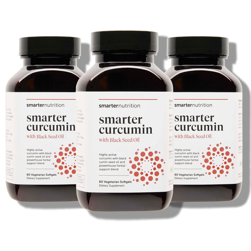 Smartere Ernæring Curcumin Softgels - Vegansk høy absorpsjon 400 mg Curcumin Supplement Standardisert til 95% Tetrahydrocurcuminoids + Svart Seed Oil & Ginger for felles og immun helse - 180 Ct
