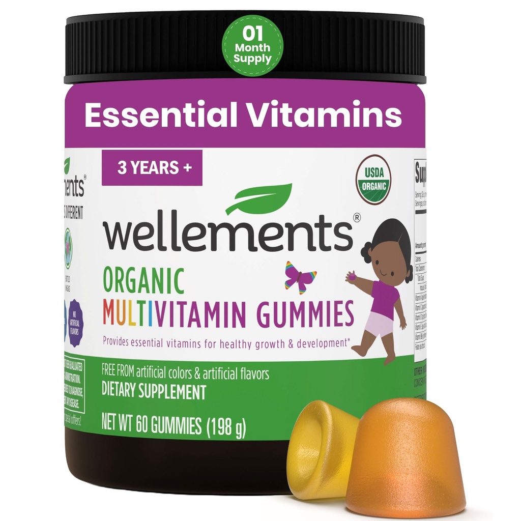 Velvære USDA Økologiske Kids Multivitamin Gummies 60 Ct (3+ år) essensielle Kids Vitaminer A, B, C, D, E & Zink | Støtter sunn vekst og utvikling*
