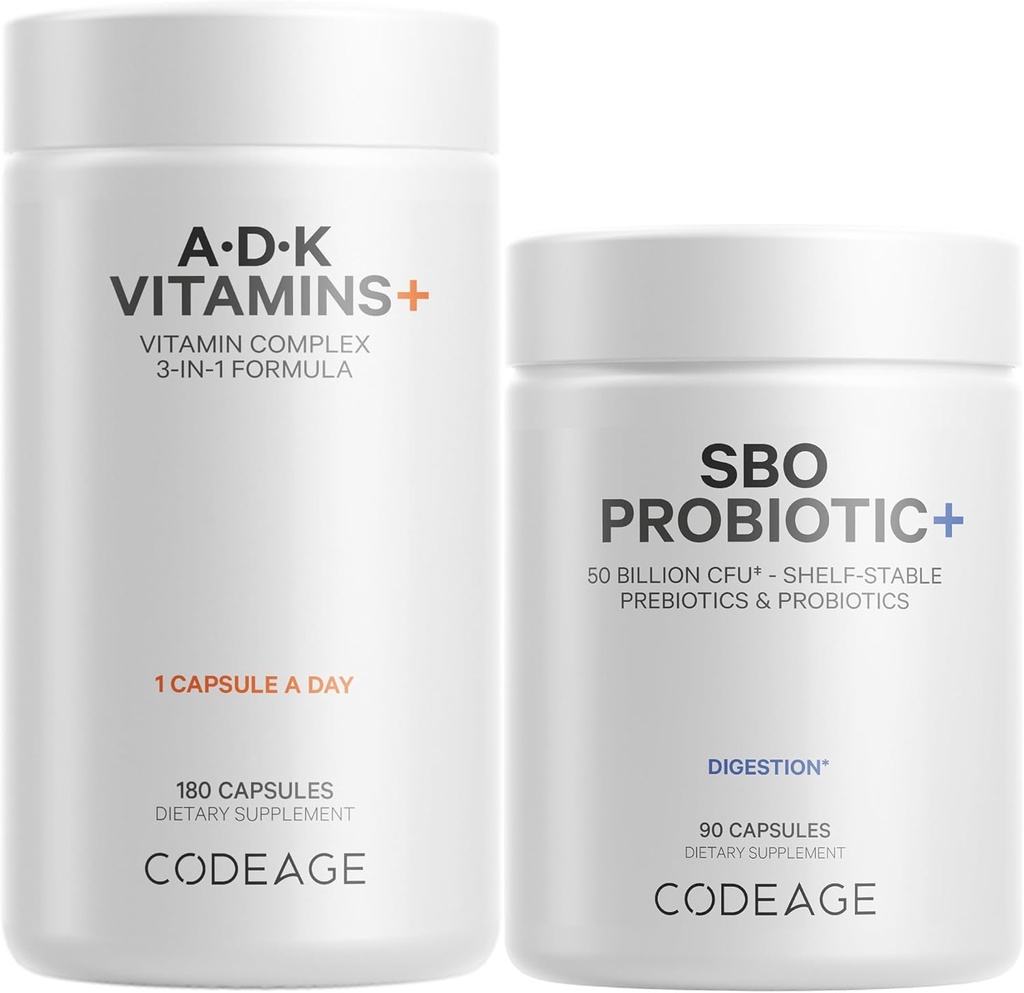 Kodeasje Daily ADK Vitamin & Probiotic Bundle - Vitamin A Retinyl Palmitat, vitamin D3 Kolekalciferol, vitamin K, 50 milliarder CFU SBO Probiotiske blanding, ikke-GMO
